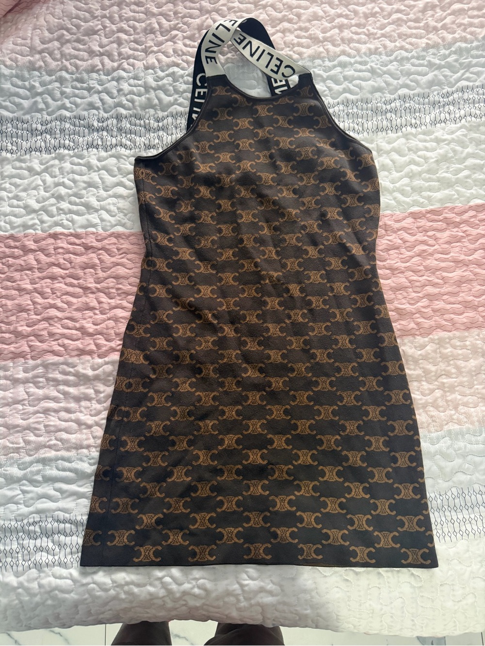 Celine Brown Logo-Print Halter Mini Dress